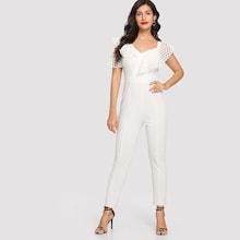 Shein Ruffle Trim Lace Panel Zip Back Jumpsuit