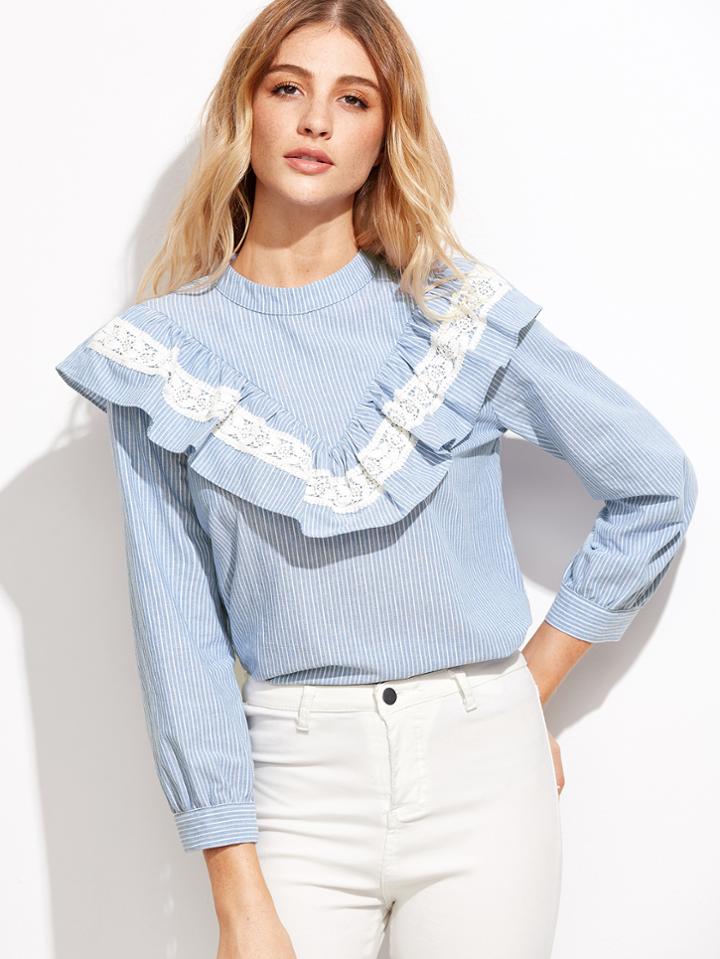 Shein Blue Vertical Striped Lace Trim Ruffle Blouse