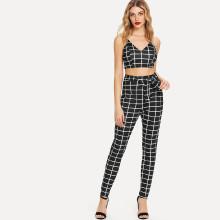 Shein Grid Print Cami Top With Self Tie Leggings
