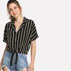 Shein Notch Collar Knot Front Striped Blouse