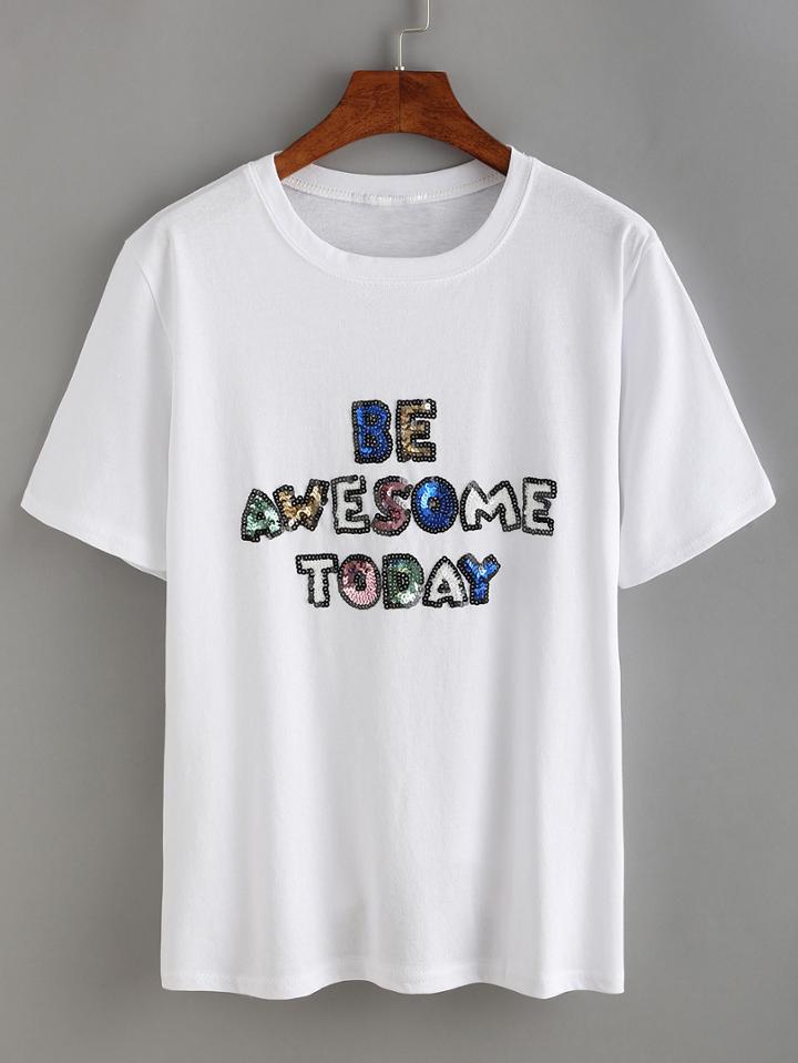 Shein White Letters Pattern Sequined T-shirt