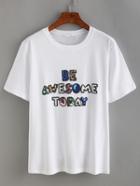 Shein White Letters Pattern Sequined T-shirt