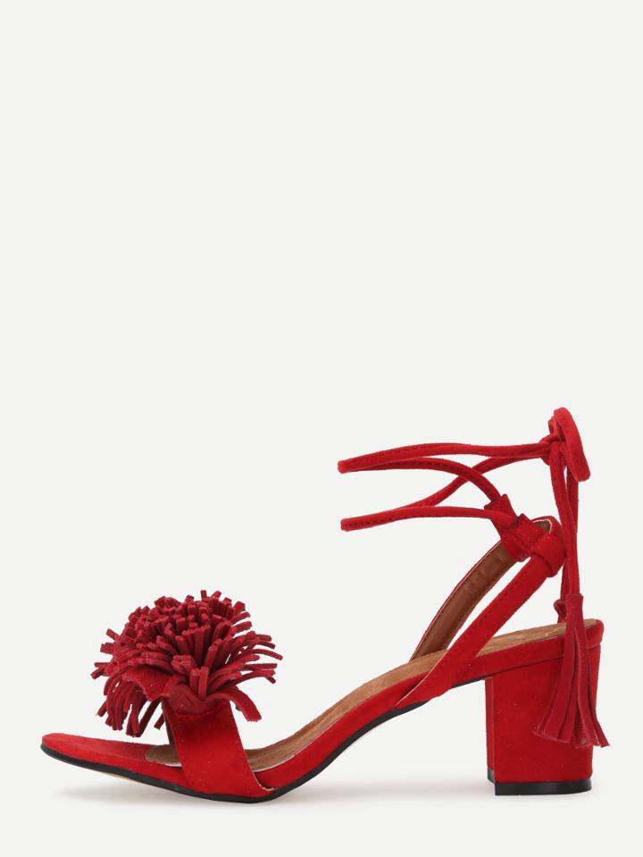 Shein Tassel Strap Lace-up Block Heel Sandals - Red