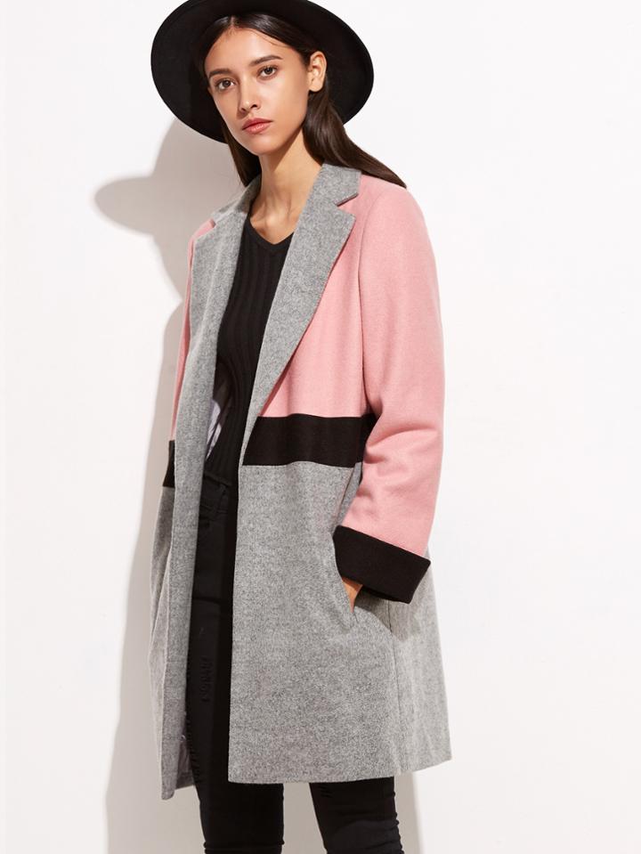 Shein Color Block Notch Collar Open Front Coat