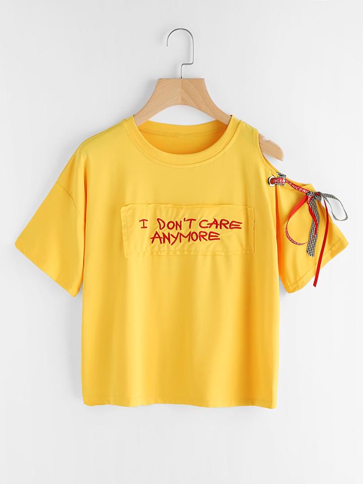 Shein Asymmetric Open Shoulder Embroidered Ribbon Detail Tee