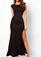 Rosewe Elegant Cap Sleeve Slit Design Black Long Dress