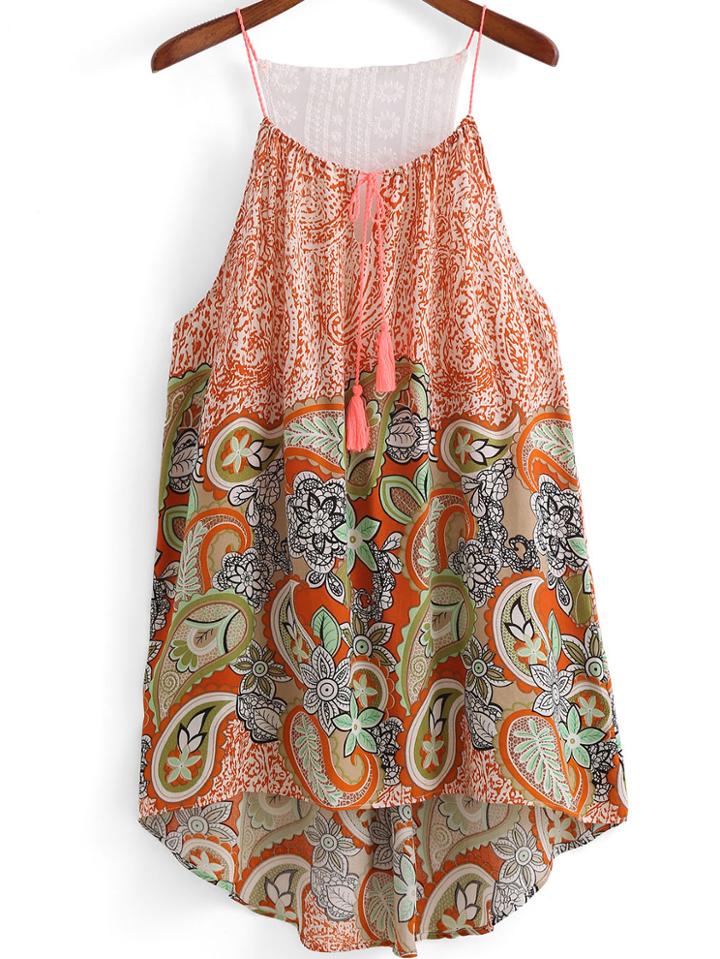 Shein Orange Spaghetti Strap Lace Floral High Low Dress