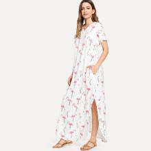 Shein Allover Flamingo Print Pocket Side Curved Hem Dress