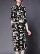 Shein Apricot Stand Collar Half Sleeve Drawstring Pockets Print Dress