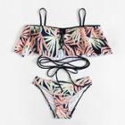 Shein Leaf Print Lace Up Bikini Set