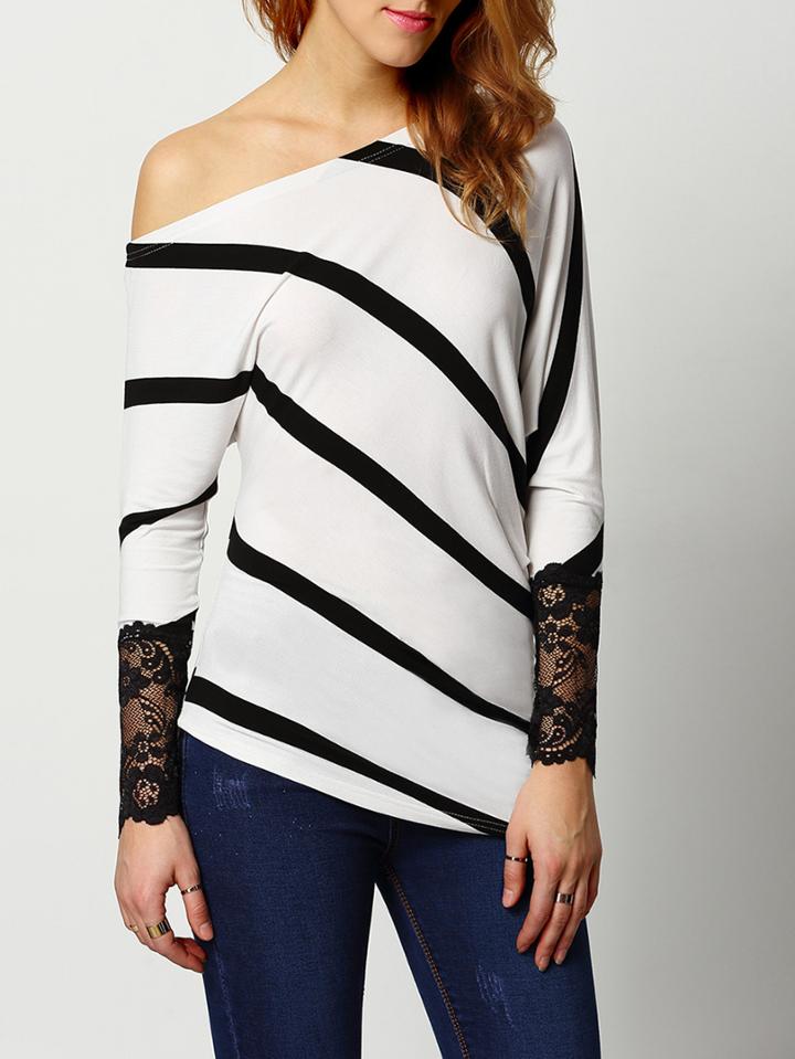 Shein White Boat Neck Striped Lace Blouse