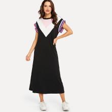 Shein Chevron Colorblock Striped Lettuce Trim Dress