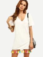 Shein White V Neck Tassel Hem Short Sleeve T-shirt