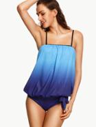 Shein Blue Ombre Side Tie Blouson Tankini Set