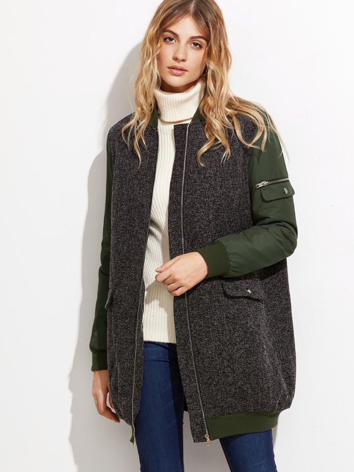Shein Color Block Mixed Media Zip Up Bomber Coat