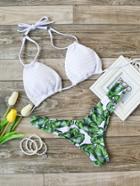 Shein White Leaf Print Halter Mix & Match Bikini Set