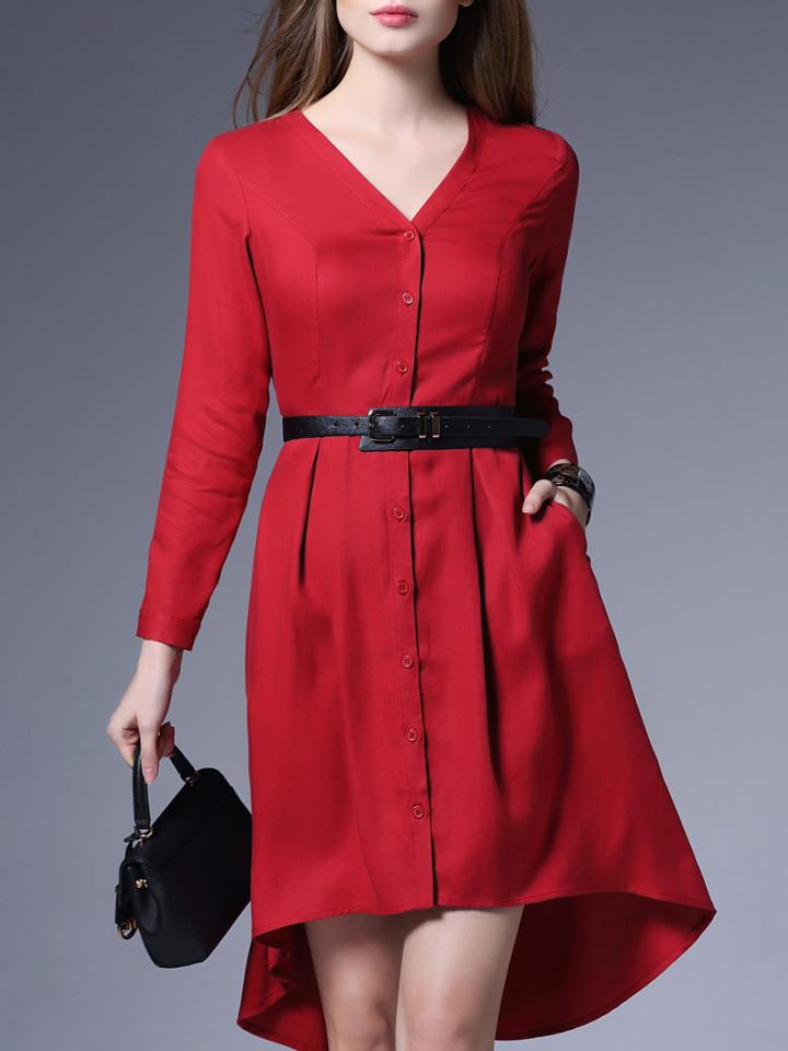 Shein Burgundy V Neck Belted Pockets High Low Dress