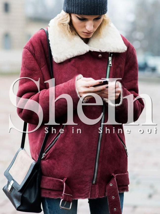 Shein Wine Red Long Sleeve Lapel Quilted Zipper Coat