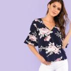 Shein Cut Out Back Flounce Sleeve Floral Top