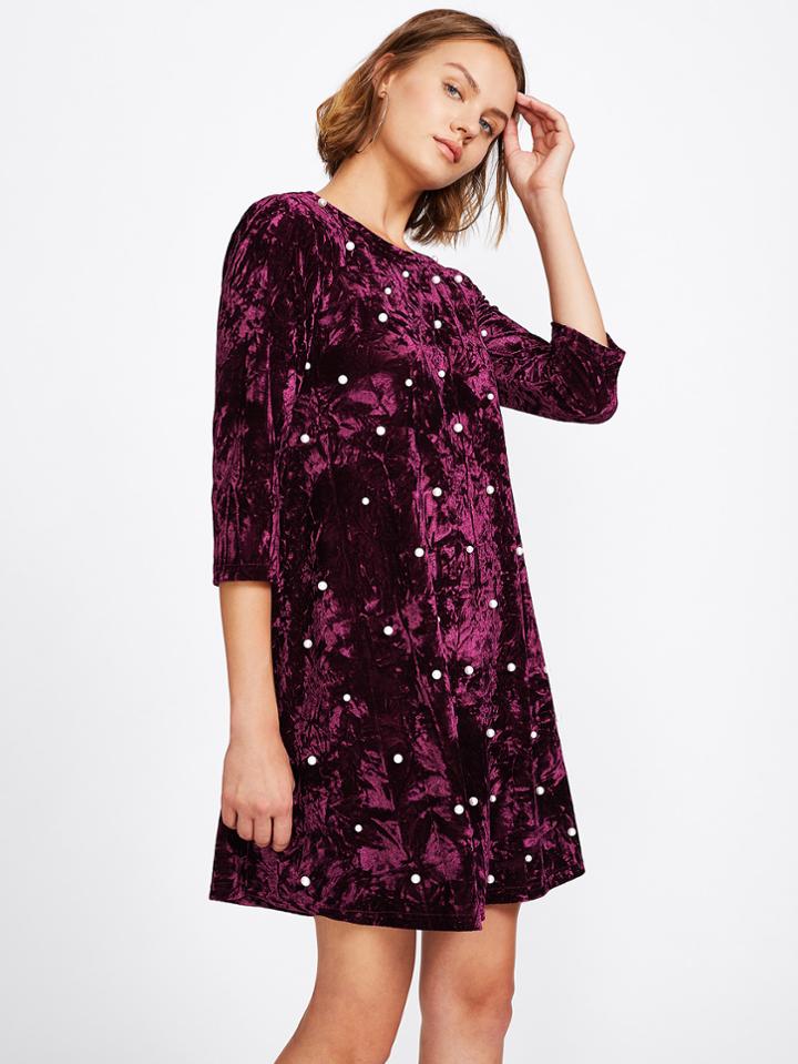 Shein Pearl Beading Crushed Velvet Dress