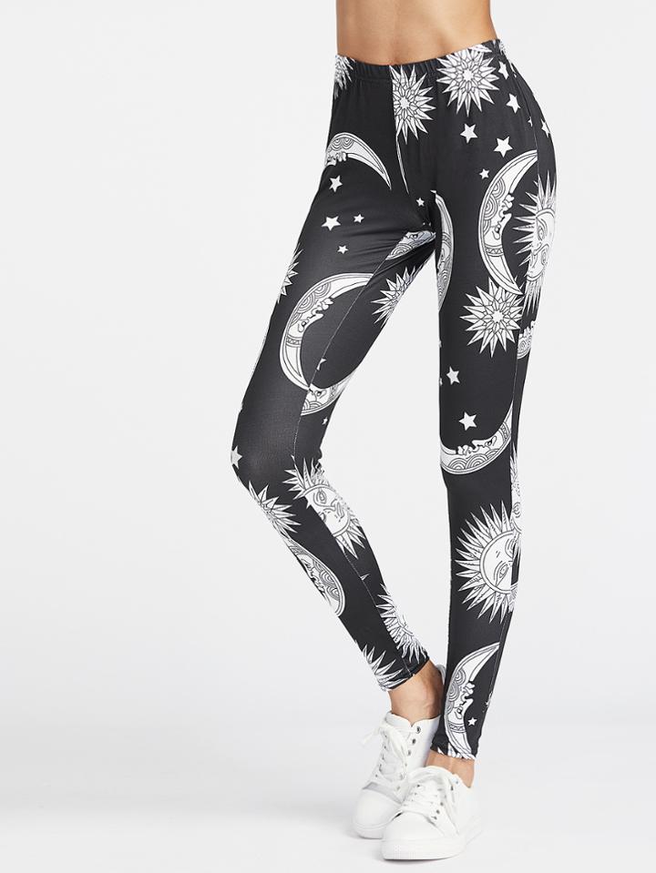 Shein Black Sun Moon Stars Print Leggings