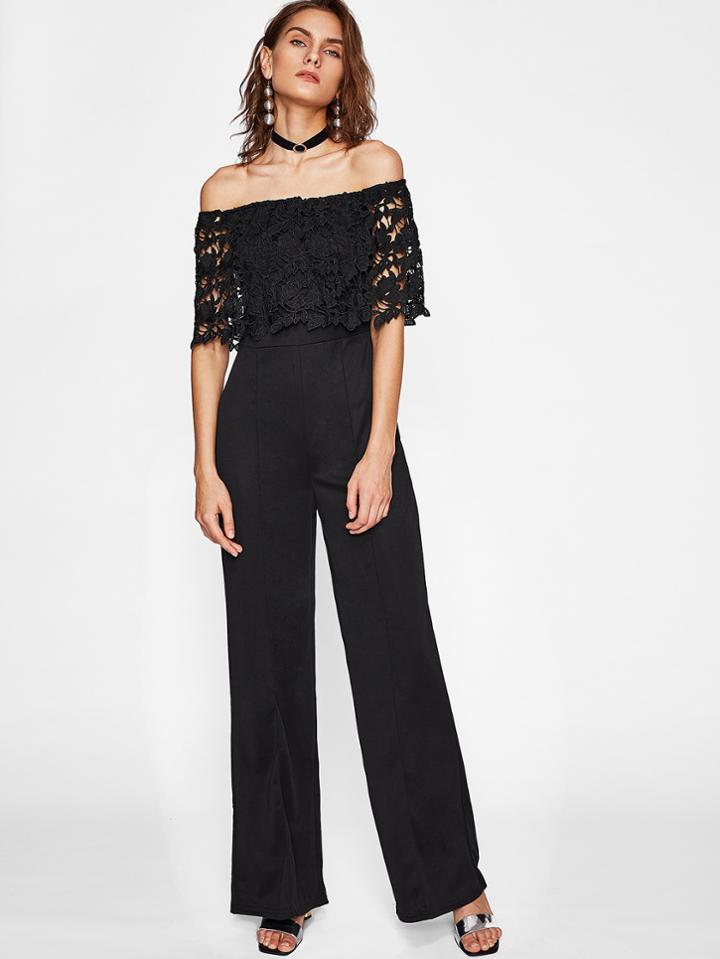 Shein Floral Lace Detail Bardot Neckline Jumpsuit