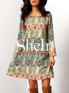 Shein Crew Neck Aztec Print V Back Dress