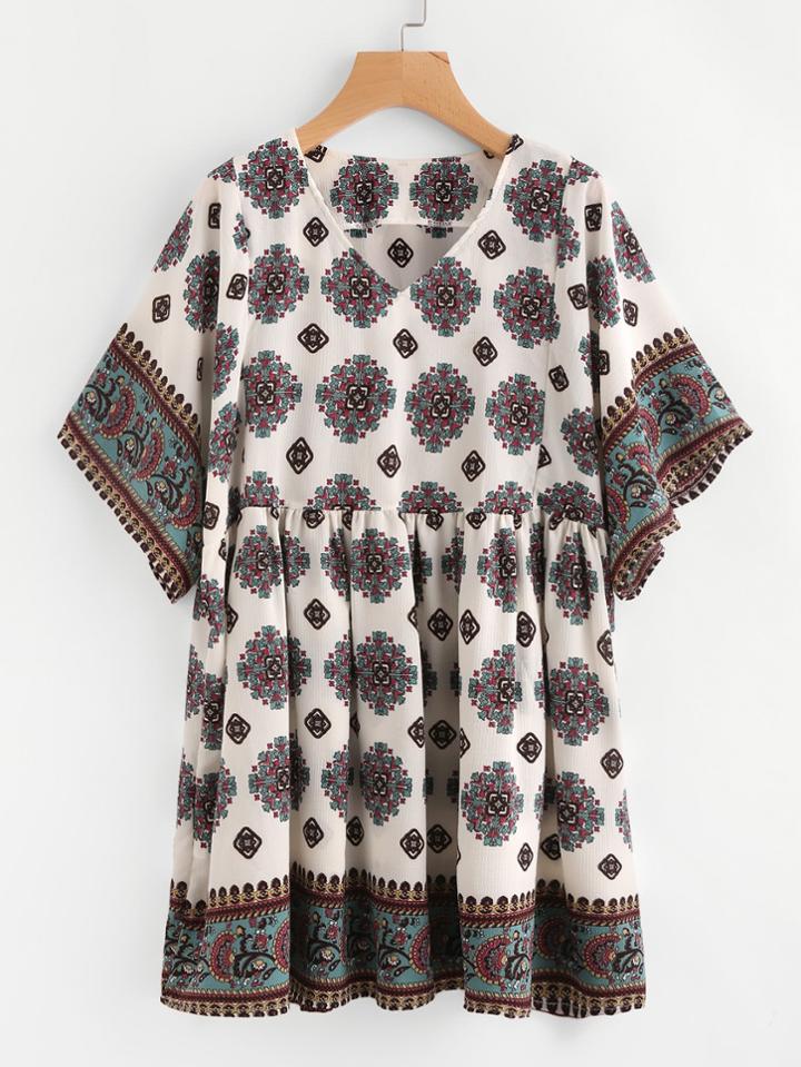 Shein V-neckline Ornate Print Dress