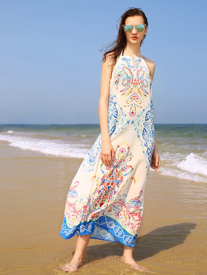 Shein Vintage Print Keyhole Front Beach Dress