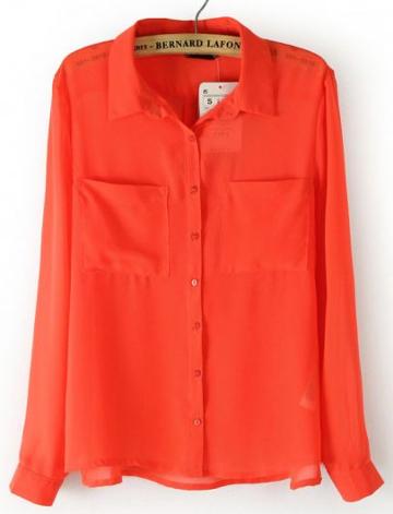 Shein Orange Long Sleeve Twin Pockets Front Semi Sheer Blouse