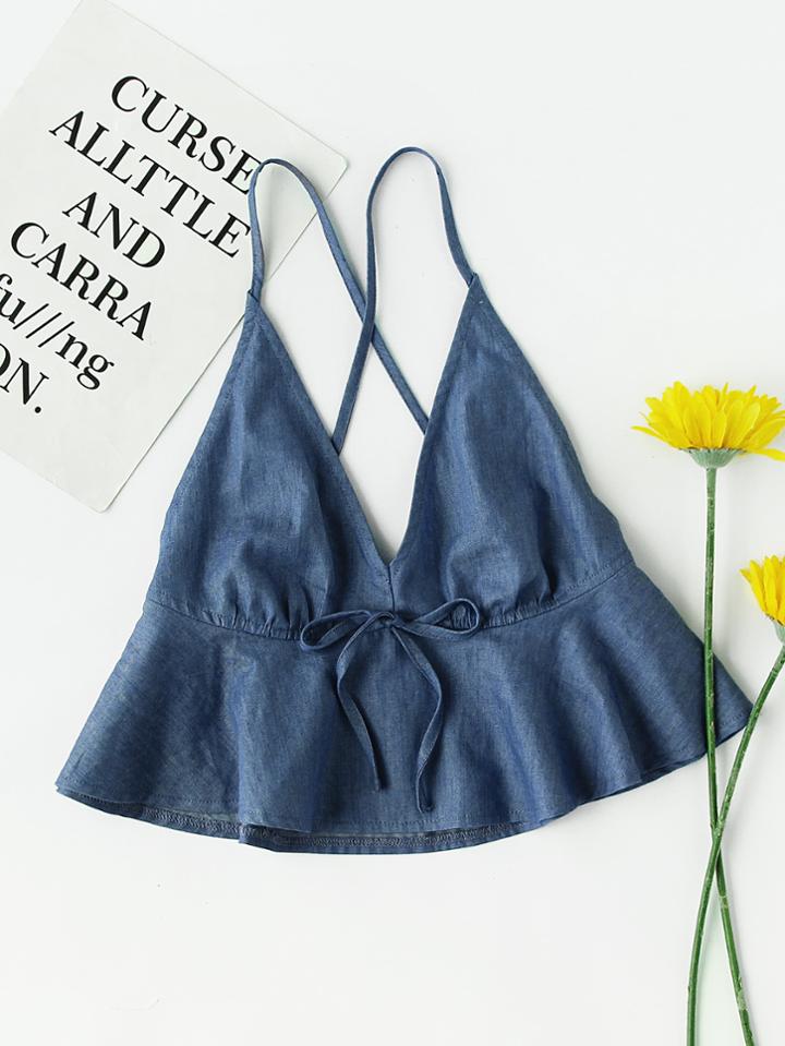 Shein Crisscross Back Flounce Chambray Cami Top