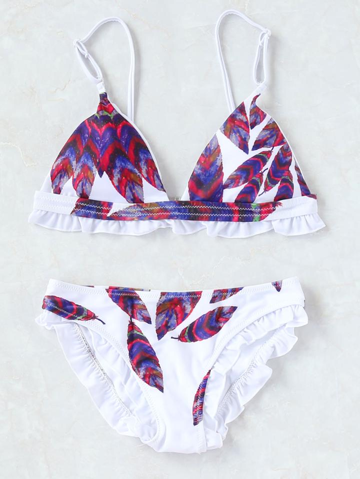 Shein White Feather Print Ruffle Trim Bikini Set