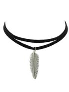 Shein Black Pu Leather Feather Pendant Choker Necklace