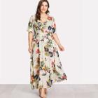 Shein Plus Button Front Shirred Waist Tropical Dress