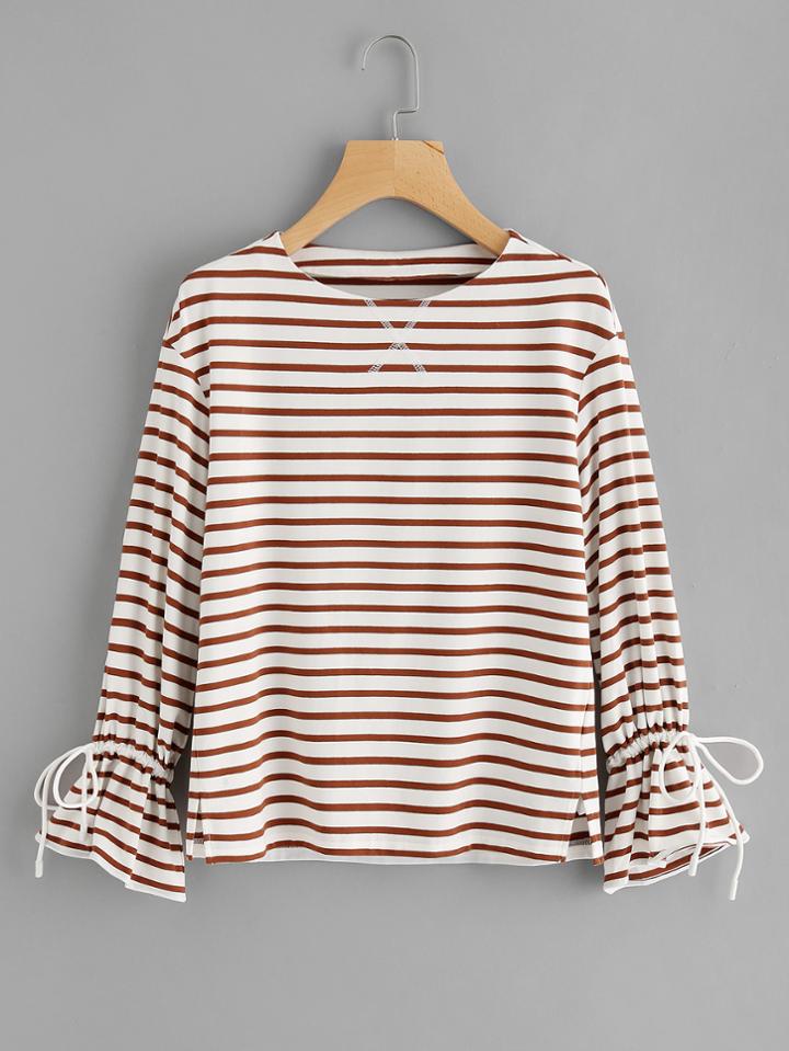 Shein Drawstring Bell Cuff Striped Sweatshirt
