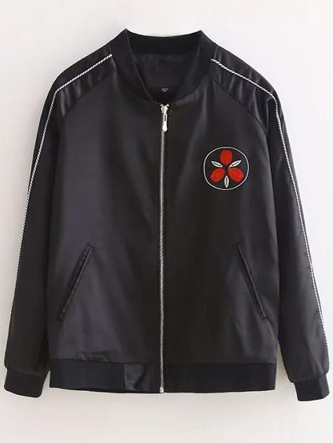 Shein Black Crew Neck Embroidery Pocket Jacket