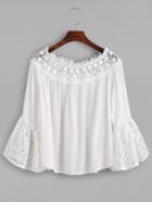 Shein White Boat Neck Lace Crochet Trim Pleated Top