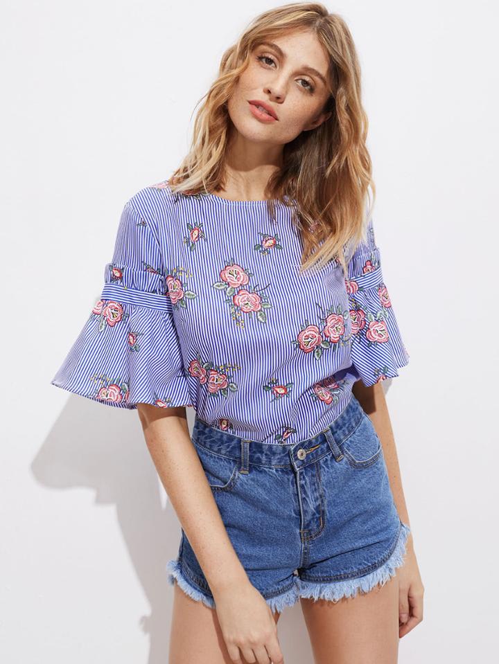 Shein Flower And Stripe Print Bell Sleeve Zip Back Top