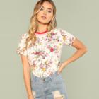 Shein Striped Neck Floral T-shirt