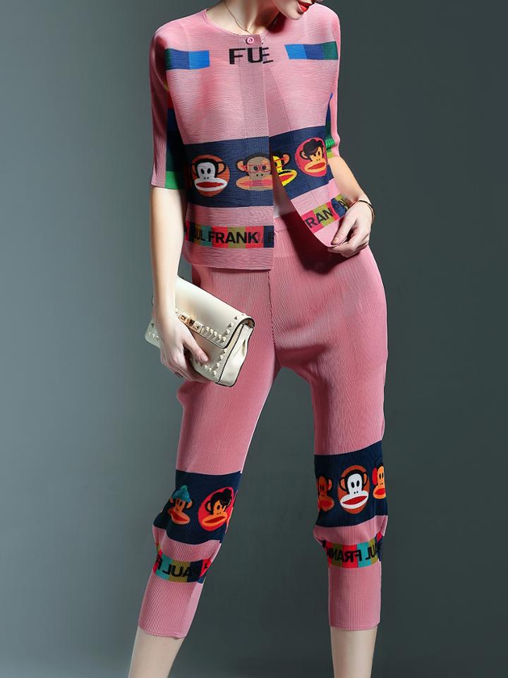 Shein Pink Elastic Pleated Top With Print Pants