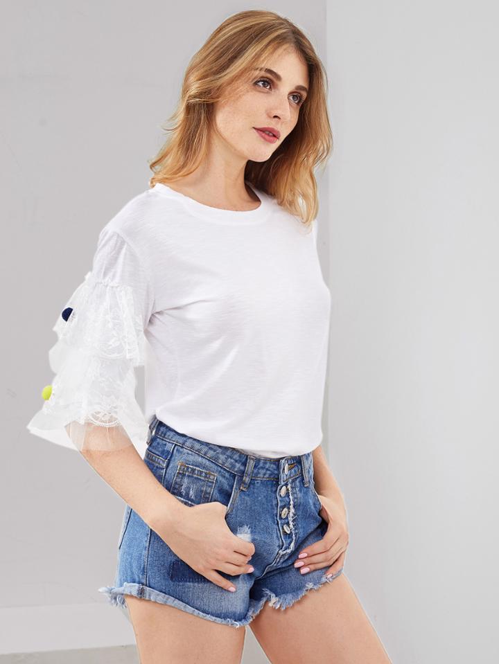 Shein Tiered Lace Sleeve Pom Pom T-shirt