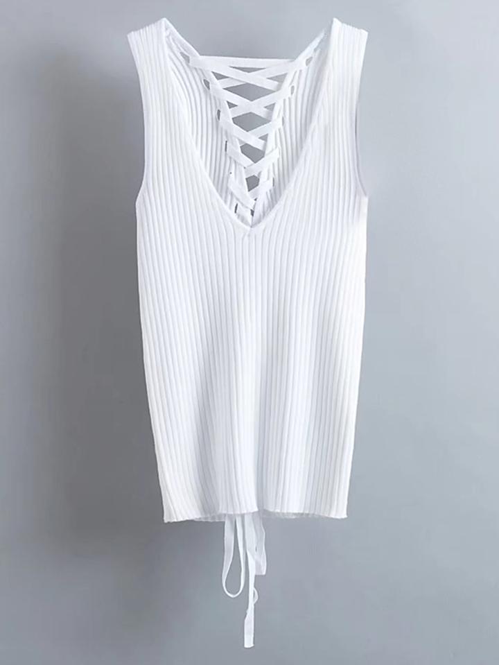Shein Plunge Lace Up Back Ribbed Tank Top