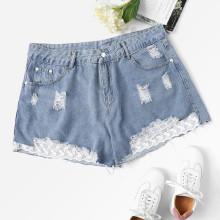 Shein Plus Embroidered Mesh Insert Distressed Denim Shorts