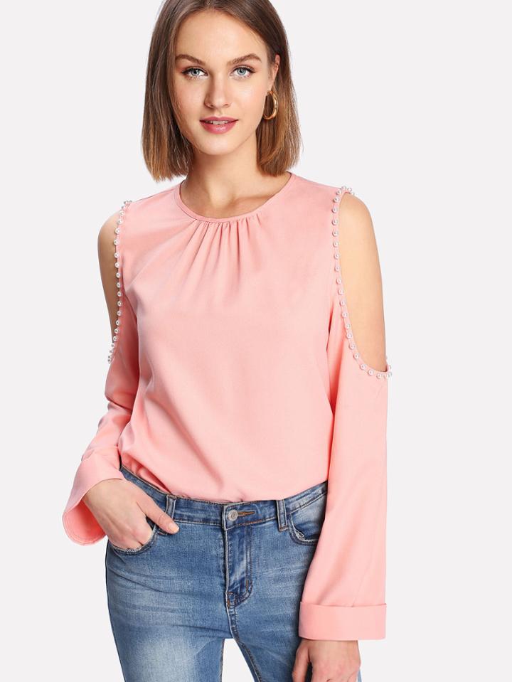 Shein Pearl Beading Open Shoulder Top