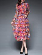 Shein Multicolor Round Neck Tie Long Sleeve Fishs Print Dress