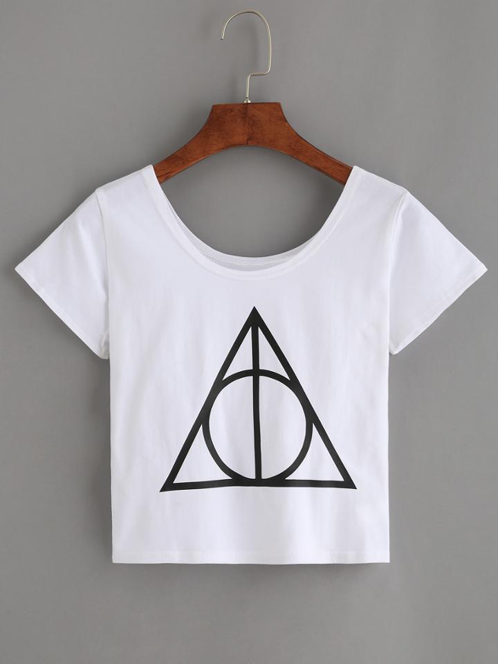 Shein White Triangle Print Crop T-shirt