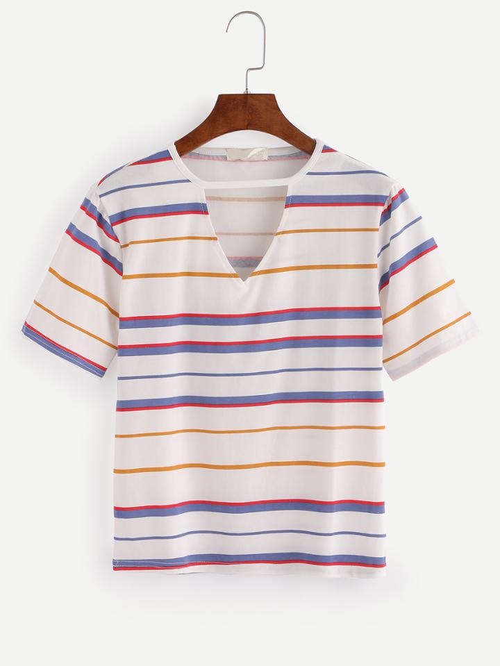 Shein Blue Striped V Neck Keyhole Front T-shirt