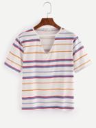 Shein Blue Striped V Neck Keyhole Front T-shirt