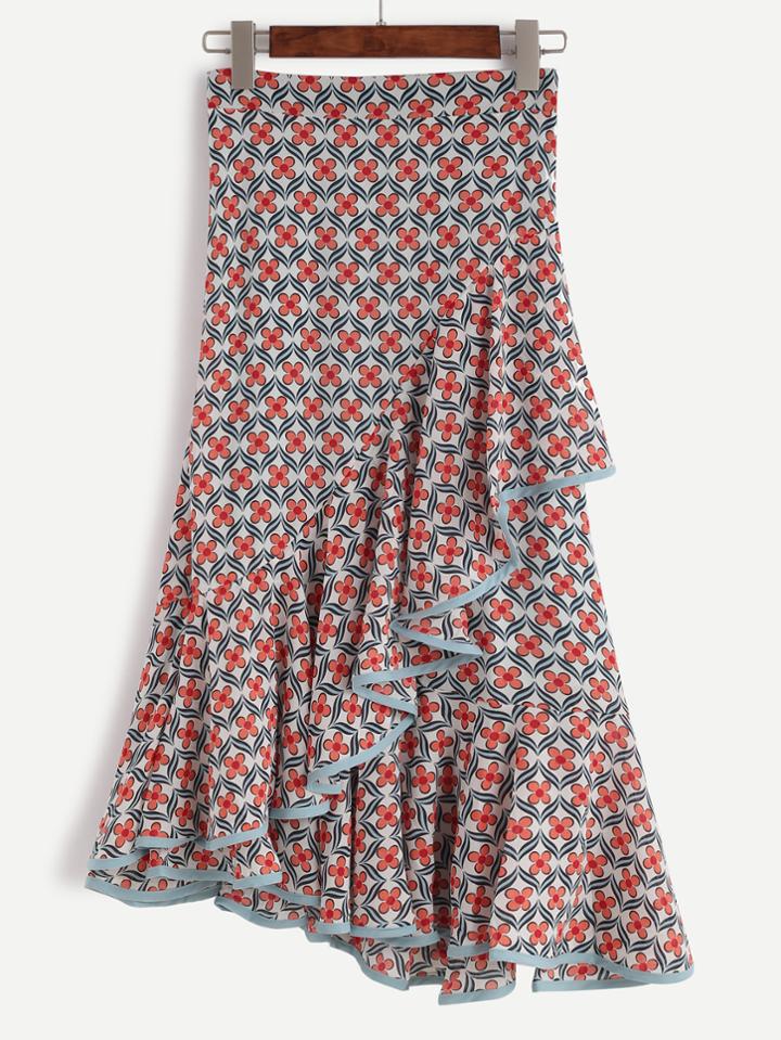 Shein Multi Color Contrast Trim Florals Ruffle Chiffon Skirt