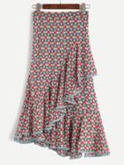 Shein Multi Color Contrast Trim Florals Ruffle Chiffon Skirt